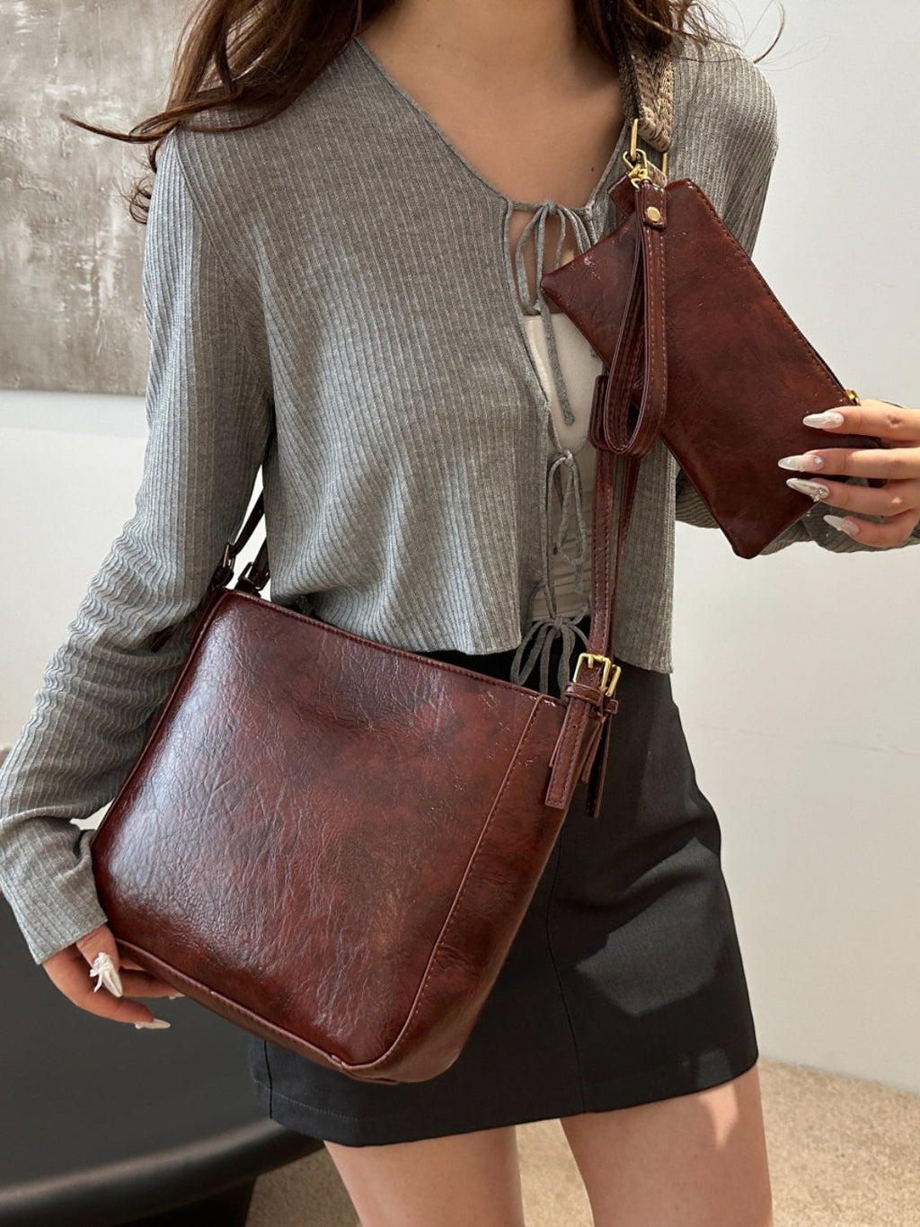 PU Leather Bag - Adjustable Strap Crossbody Bag with Pouch