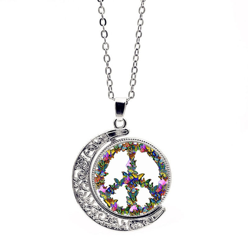 Peace Symbol Time Crystal Pendant Vintage Sweater Chain