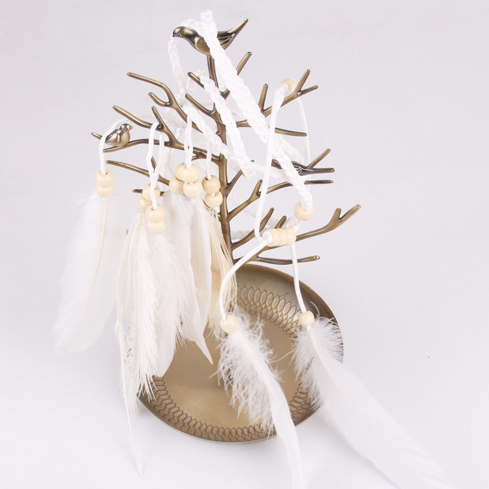 White Peacock Feather Holiday Bohemian Hair Band & Bracelet Set